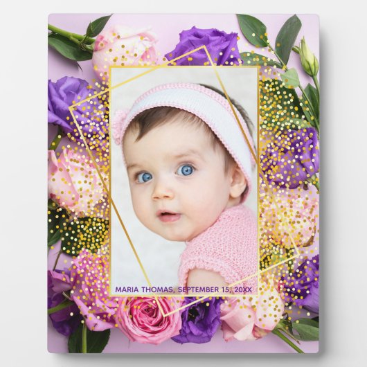 かわいいピンクゴールドの花の水彩 赤ちゃん女の子の写真 フォトプラーク (正面)