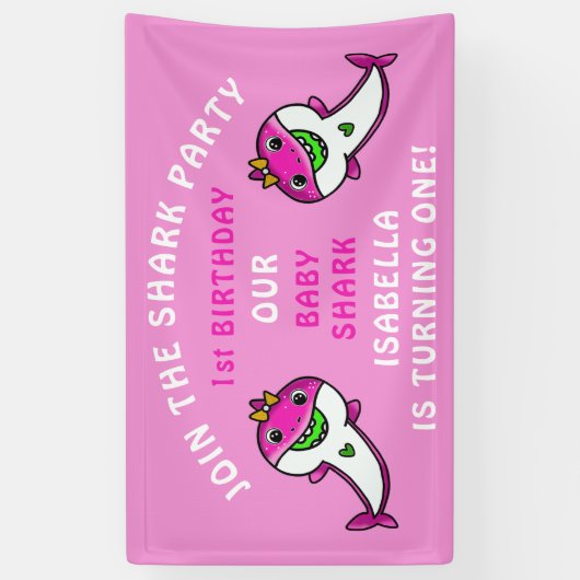 かわいいピンクシャークベビーガール1st誕生日パーティー 横断幕 (縦)