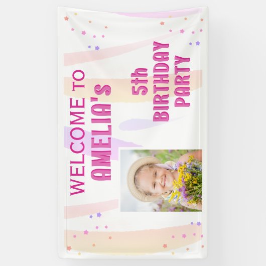 かわいいピンクスターズガールフォト誕生日へようこそ 横断幕 (縦)