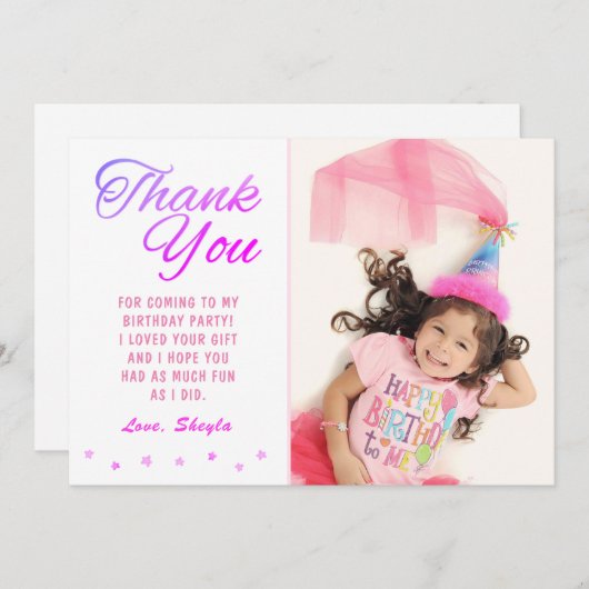 かわいいピンクスター誕生日ガールフォトサンキューカード 招待状 (正面/裏面)