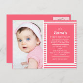 かわいいピンクストライプのの白い女の子の誕生日写真 ポストカード (正面/裏面)