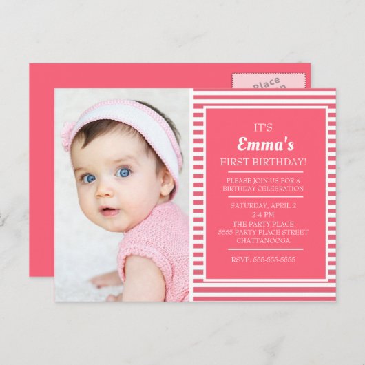 かわいいピンクストライプのの白い女の子の誕生日写真 ポストカード (正面/裏面)