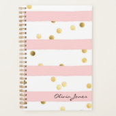 かわいいピンクストライプ金ゴールド水玉模様（名前あり） プランナー手帳 (正面)