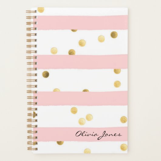 かわいいピンクストライプ金ゴールド水玉模様（名前あり） プランナー手帳 (正面)