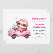 かわいいピンクスロースで車を運転誕生日 招待状 (正面/裏面)