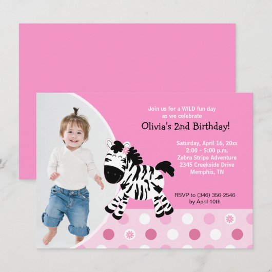 かわいいピンクゼブラガールフォト誕生日招待状 招待状 (正面/裏面)