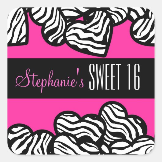 かわいいピンクゼブラハートスウィート16誕生日シール スクエアシール (正面)