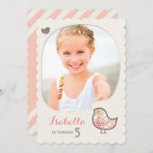 かわいいピンクダマスクバードフォトガール誕生日招待状 招待状 (正面/裏面)