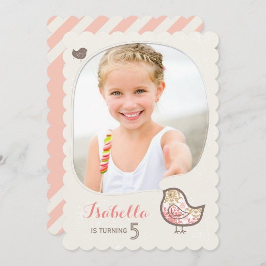かわいいピンクダマスクバードフォトガール誕生日招待状 招待状 (正面/裏面)