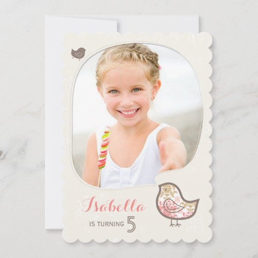 かわいいピンクダマスクバードフォトガール誕生日招待状 招待状 (正面)