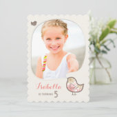 かわいいピンクダマスクバードフォトガール誕生日招待状 招待状 (スタンド正面)