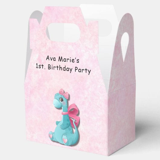 かわいいピンクティール（緑がかった色）ディーノ1st.誕生日パーティー フェイバーボックス (オープン)