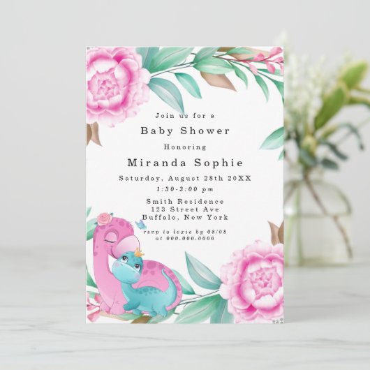 かわいいピンクティール（緑がかった色）恐竜の女の子ベイビーシャワー 招待状 (スタンド正面)