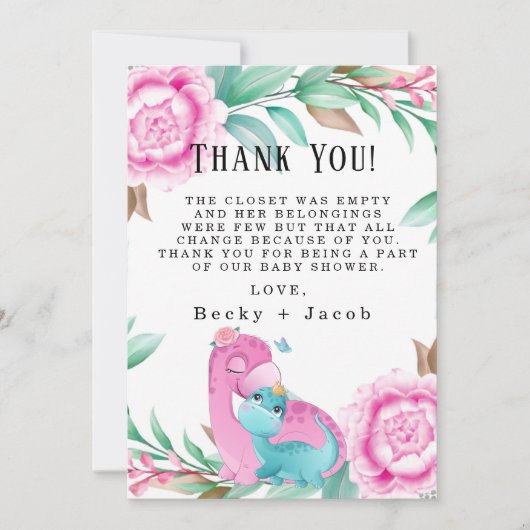 かわいいピンクティール（緑がかった色）恐竜の赤ちゃんシャワーサンキューカード サンキューカード (正面)