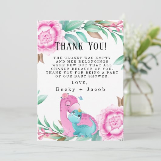 かわいいピンクティール（緑がかった色）恐竜の赤ちゃんシャワーサンキューカード サンキューカード (スタンド正面)