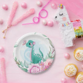 かわいいピンクティール(緑がかった色)恐竜バタフライガールベビーシャワー ペーパープレート (パーティー)