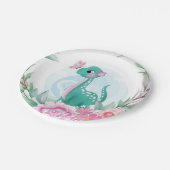 かわいいピンクティール(緑がかった色)恐竜バタフライガールベビーシャワー ペーパープレート (アングル)