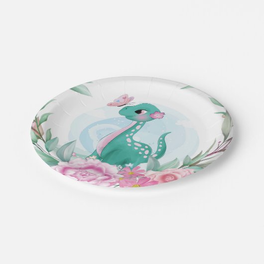 かわいいピンクティール（緑がかった色）恐竜バタフライガールベビーシャワー ペーパープレート (アングル)