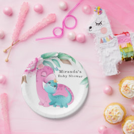 かわいいピンクティール（緑がかった色）恐竜牡丹ベビーガールシャワー ペーパープレート