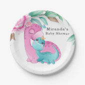 かわいいピンクティール（緑がかった色）恐竜牡丹ベビーガールシャワー ペーパープレート (正面)
