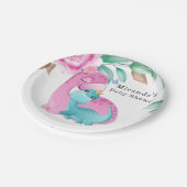 かわいいピンクティール（緑がかった色）恐竜牡丹ベビーガールシャワー ペーパープレート (アングル)