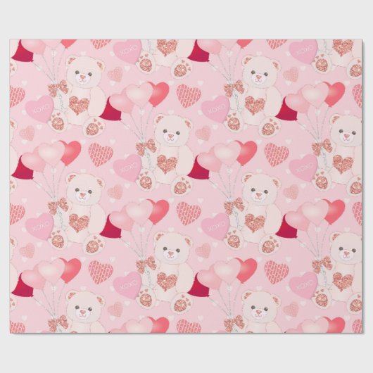 かわいいピンクテディベアバルーンハートバレンタインデー ラッピングペーパー (フラット)
