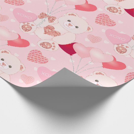 かわいいピンクテディベアバルーンハートバレンタインデー ラッピングペーパー (角)