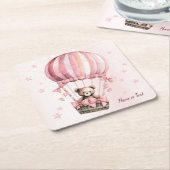 かわいいピンクテディベアホットエアバルーンパーティー スクエアペーパーコースター (アングル)