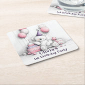 かわいいピンクテディベア1st誕生日パーティーコースター スクエアペーパーコースター (アングル)