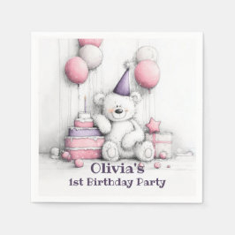 かわいいピンクテディベア1st誕生日パーティー スタンダードカクテルナプキン