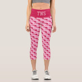 かわいいピンクテニスボールプリントスポーツハイウエスト カプリレギンス (正面)