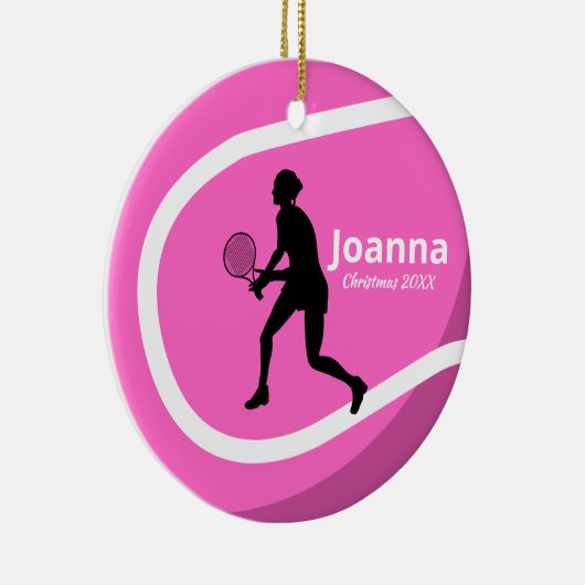 かわいいピンクテニスボール&ガールプレーヤーコーチスポーティ セラミックオーナメント (右)