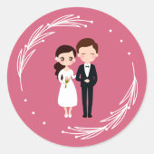 かわいいピンクテーマのチビ（小さくかわいく書いた感じ）カップル結婚 ラウンドシール (正面)