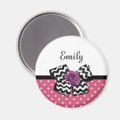 かわいいピンクドットパープルバラシェブロンボウと名前 マグネット (正面/裏面)