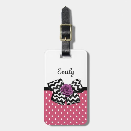 かわいいピンクドットパープルバラシェブロンボウと名前 ラゲッジタグ (正面縦)