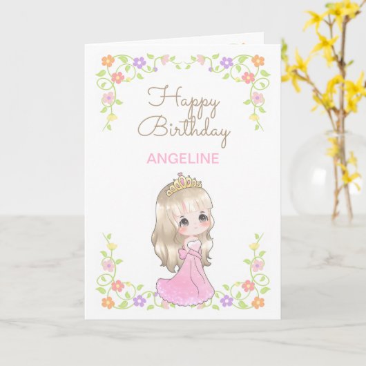 かわいいピンクドレスプリンセスフローラフォト誕生日 カード (黄色い花)