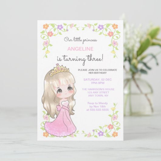 かわいいピンクドレスプリンセスフローラフォト誕生日 招待状 (スタンド正面)