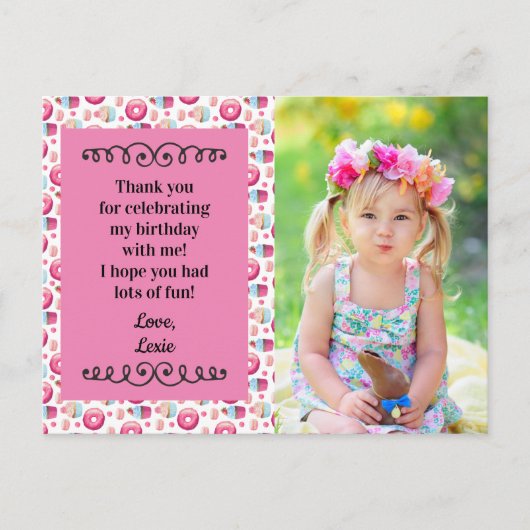 かわいいピンクドーナッツカップケーキ誕生日ありがとう ポストカード (正面)
