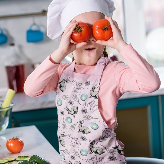 かわいいピンクハッピーイースターバニー&エッグ エプロン