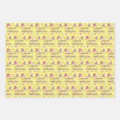 かわいいピンクハッピーバースデーカップケーキ，スターとハート ラッピングペーパーシート (正面2)