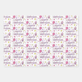 かわいいピンクハッピーバースデーカップケーキ，スターとハート ラッピングペーパーシート (正面)