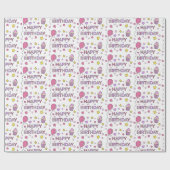 かわいいピンクハッピーバースデーカップケーキ，スターとハート ラッピングペーパー (フラット)