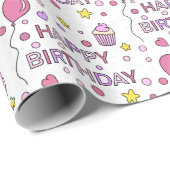 かわいいピンクハッピーバースデーカップケーキ，スターとハート ラッピングペーパー (ロールコーナー)