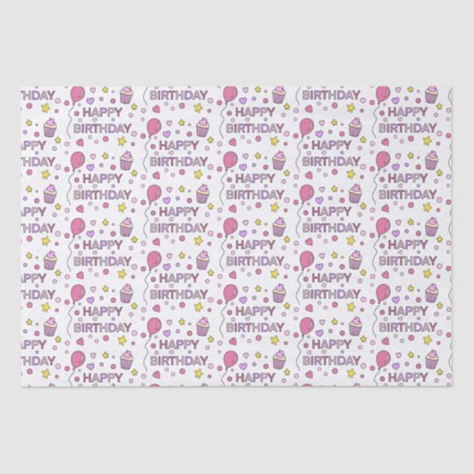 かわいいピンクハッピーバースデーカップケーキ，スターとハート 薄葉紙 (正面)