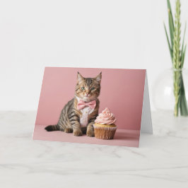 かわいいピンクハッピーバースデーキャットカップケーキ カード