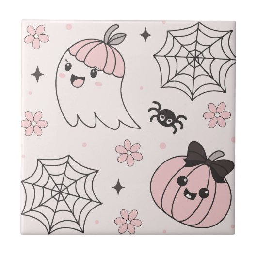 かわいいピンクハロウィンパターンと幽霊、カボチャ タイル (正面)