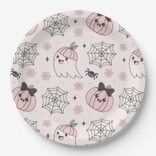 かわいいピンクハロウィンパターンと幽霊、カボチャ ペーパープレート