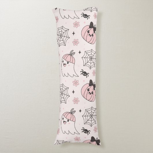 かわいいピンクハロウィンパターンと幽霊、カボチャ ボディピロー (正面縦)