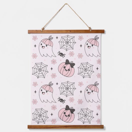 かわいいピンクハロウィンパターンと幽霊、カボチャ 吊り下げ型タペストリー (正面)