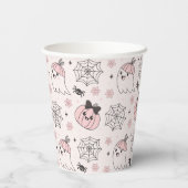 かわいいピンクハロウィンパターンと幽霊、カボチャ 紙コップ (裏面)